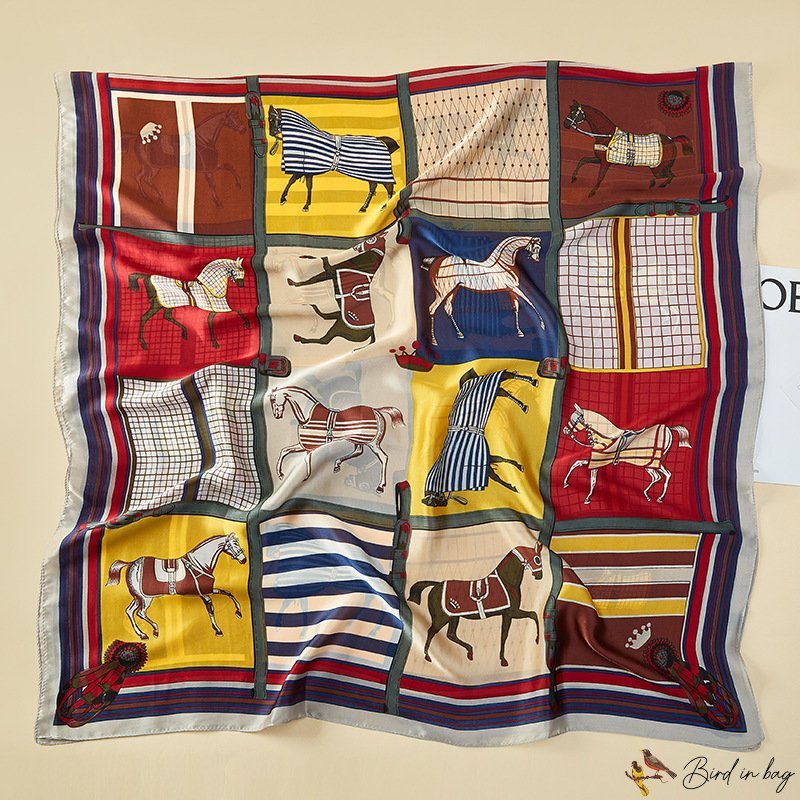 Silk scarf women ten horses printed long scarf spring and autumn new shawl sunshade sarong beach sca