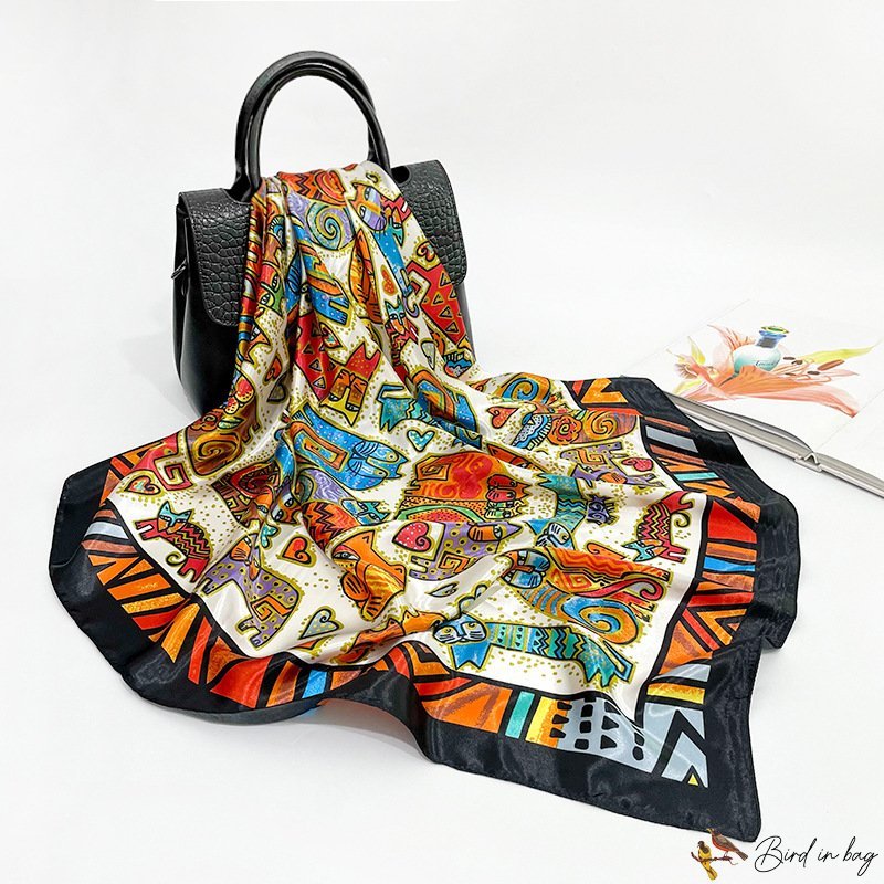 90cm silk scarf female new turban satin cartoon print large square scarf shawl