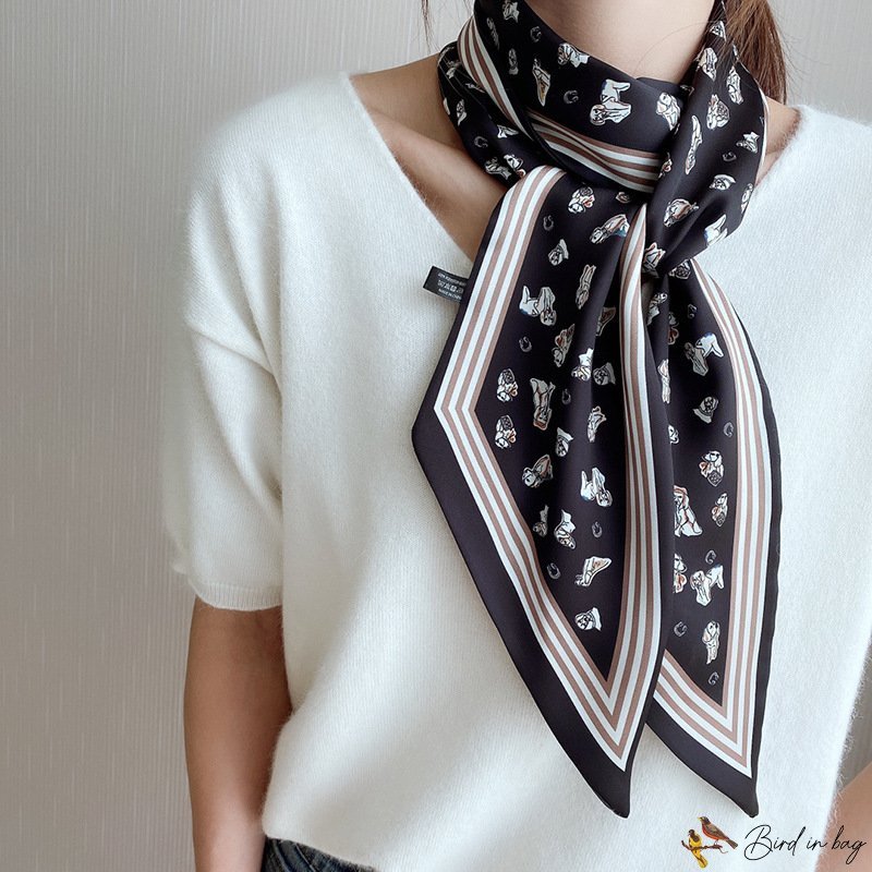 Ribbon small silk scarf female new satin print double layer small neck scarf decorative headscarf ha