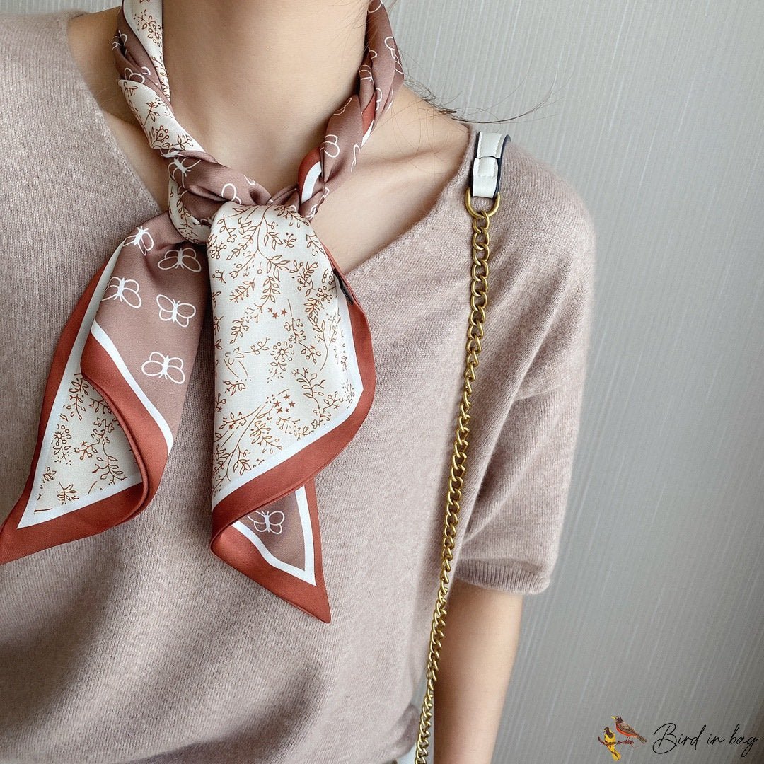 New satin small silk scarf women butterfly print narrow hair band flow decorative neck scarf thin lo