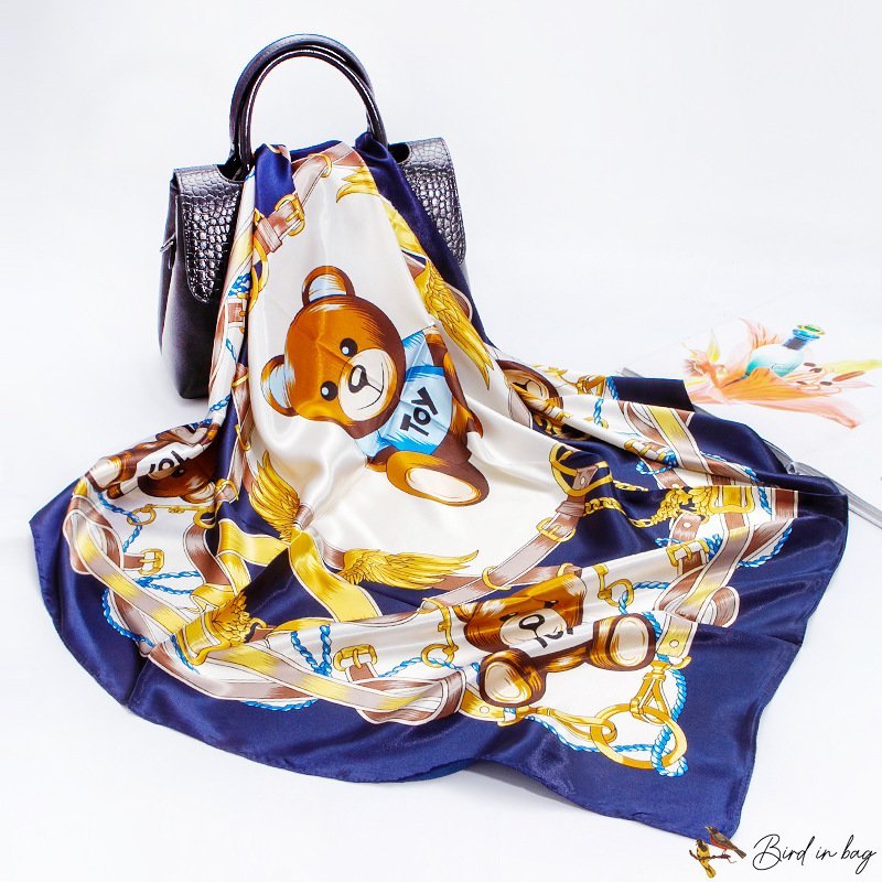 Bear print silk scarf female season new simulation silk satin square scarf scarf headscarf shawl