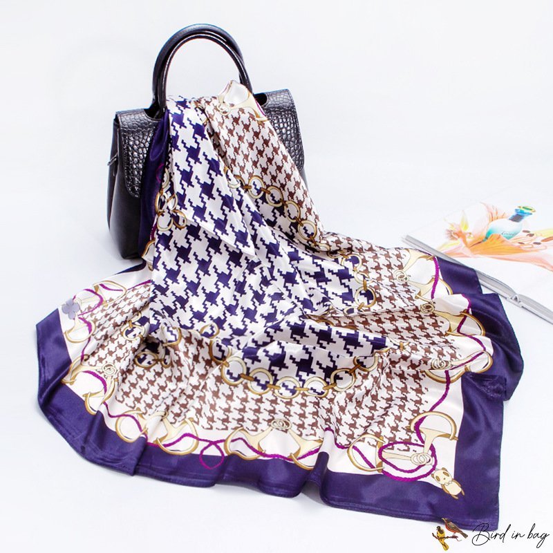 Silk scarf female season new simulation silk satin thousand bird grid printing large square scarf tu