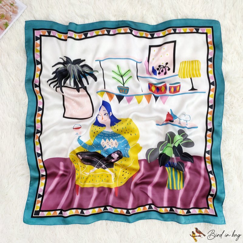 Small square scarf illustration silk scarf female print scarf