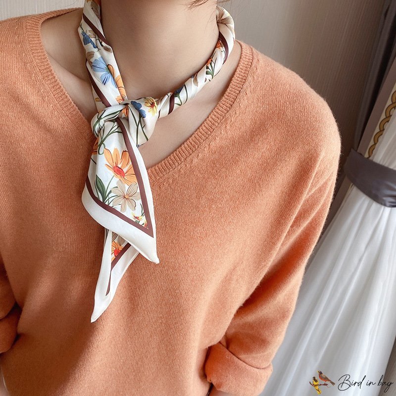 New bag silk scarf hair ribbon simulation silk scarf female satin small broken flower neck scarf Pin