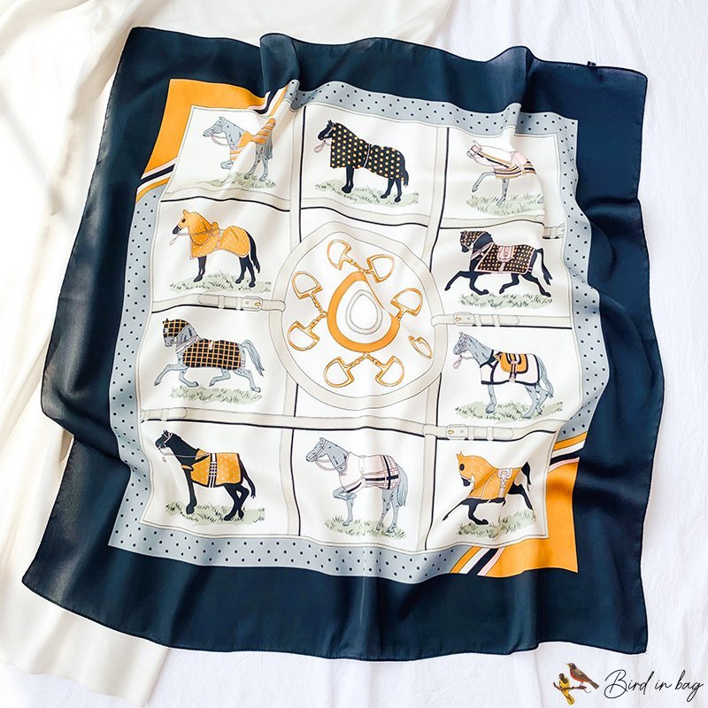 70 satin chiffon silk scarf female French new simulation silk ten horses printed small square scarf 