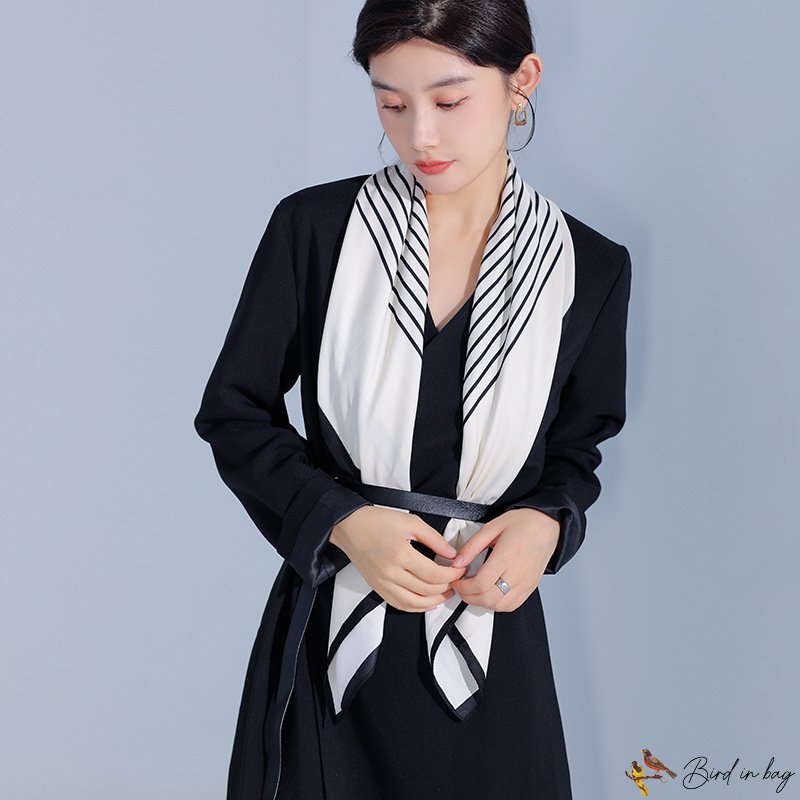 New simulation silk 90 twill turban fashion black and white striped silk scarf square shawl tied bag