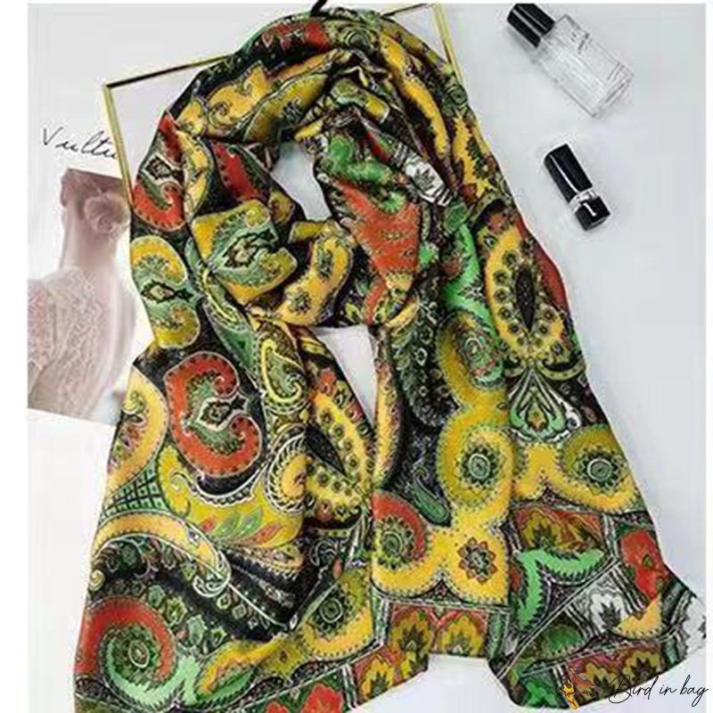 Cashew flower long scarf simulation silk scarf female printing Lijing satin beach scarf large shawl 