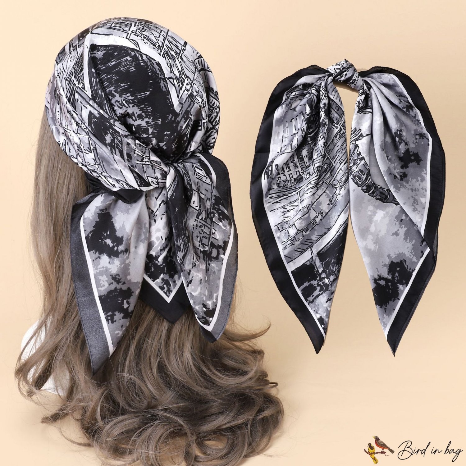 New simulation silk oil painting fashion hair band small square scarf female spring and autumn thin 