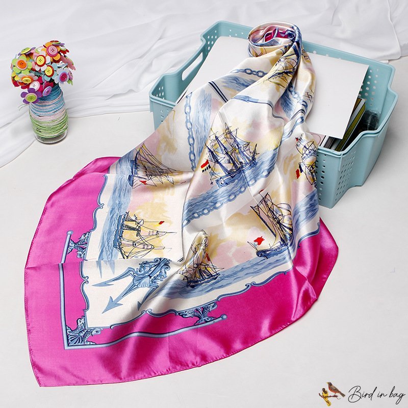 Silk scarf 90cm Chinese style ink sailboat print small square scarf shawl