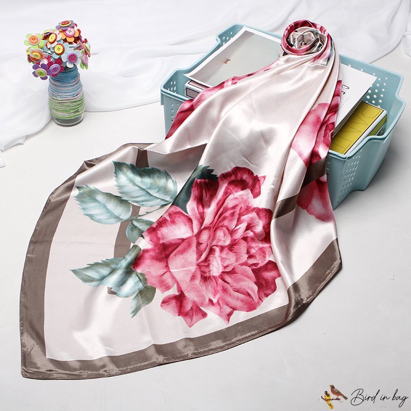 Silk scarf female new simulation silk rose printing small square scarf scarf box
