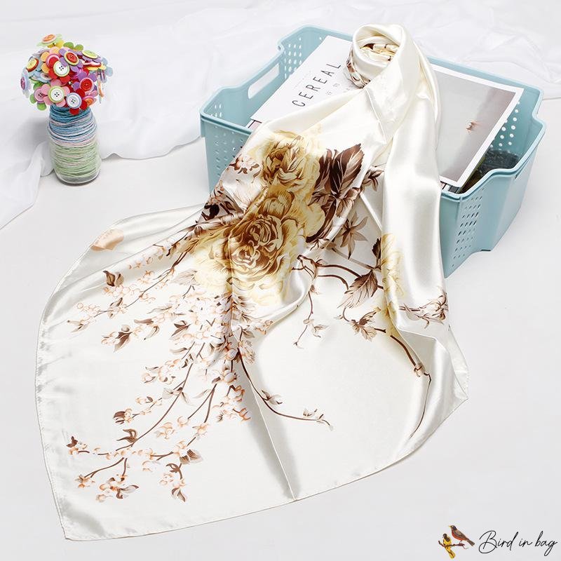 90CM silk scarf women's simulation silk love flower print small square scarf headscarf