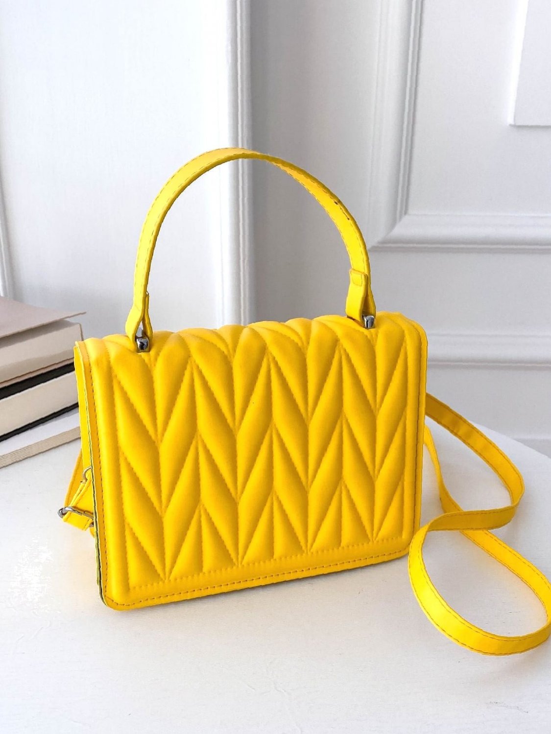 Quilted Top Handle Flap Square Bag Women Satchels