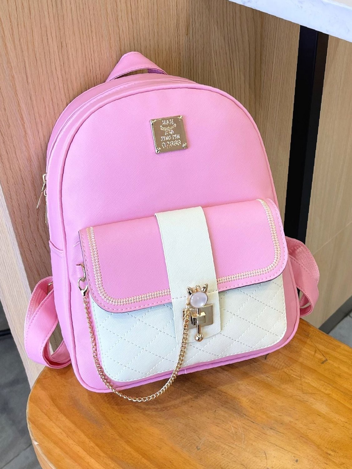 Two Tone Quilted Chain Decor Flap Backpack Women Backpacks