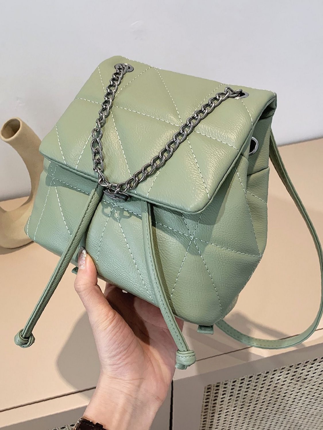 Chain Decor Quilted Flap Backpack Women Backpacks