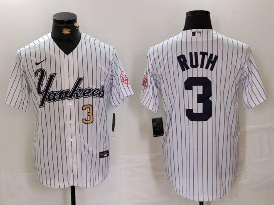Men's Babe Ruth #3 New York Yankees Home Player Jersey White