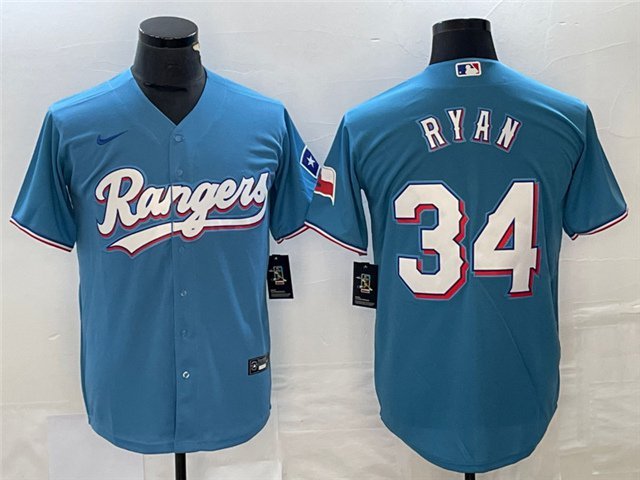 men's & youth Activewear Baseball Uniform 34 Nolan Ryan Jerseys Light Blue Alternate Retired Shirt