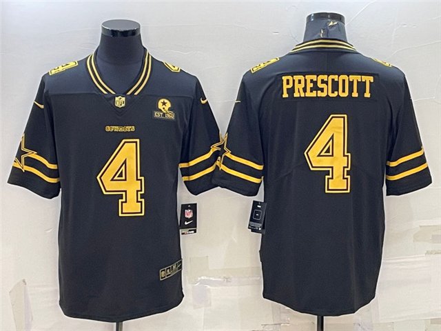 men's Activewear Football Uniform #4 Dak Prescott Jerseys Black Gold Est.1960 Patch Limited Shirt