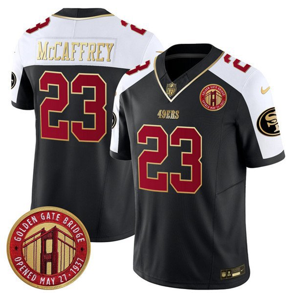 Men's 49ers Christian McCaffrey Balck F.U.S.E. Golden Gate Bridge Patch Football Jersey
