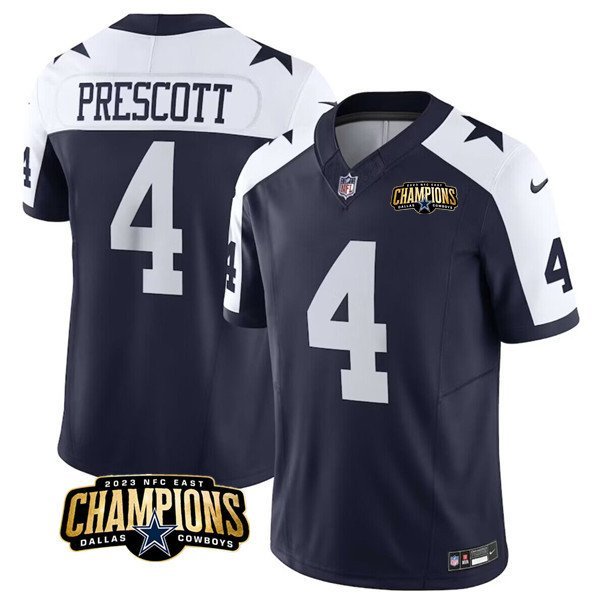 Men's Dallas Cowboy Dak Prescott Navy White 2023 F.U.S.E. NFC East Champions Patch Jersey