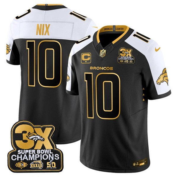 Men's Denver Broncos #10 Bo Nix BlackGold 2024 F.U.S.E. With 3-Time Champions Patch Jersey