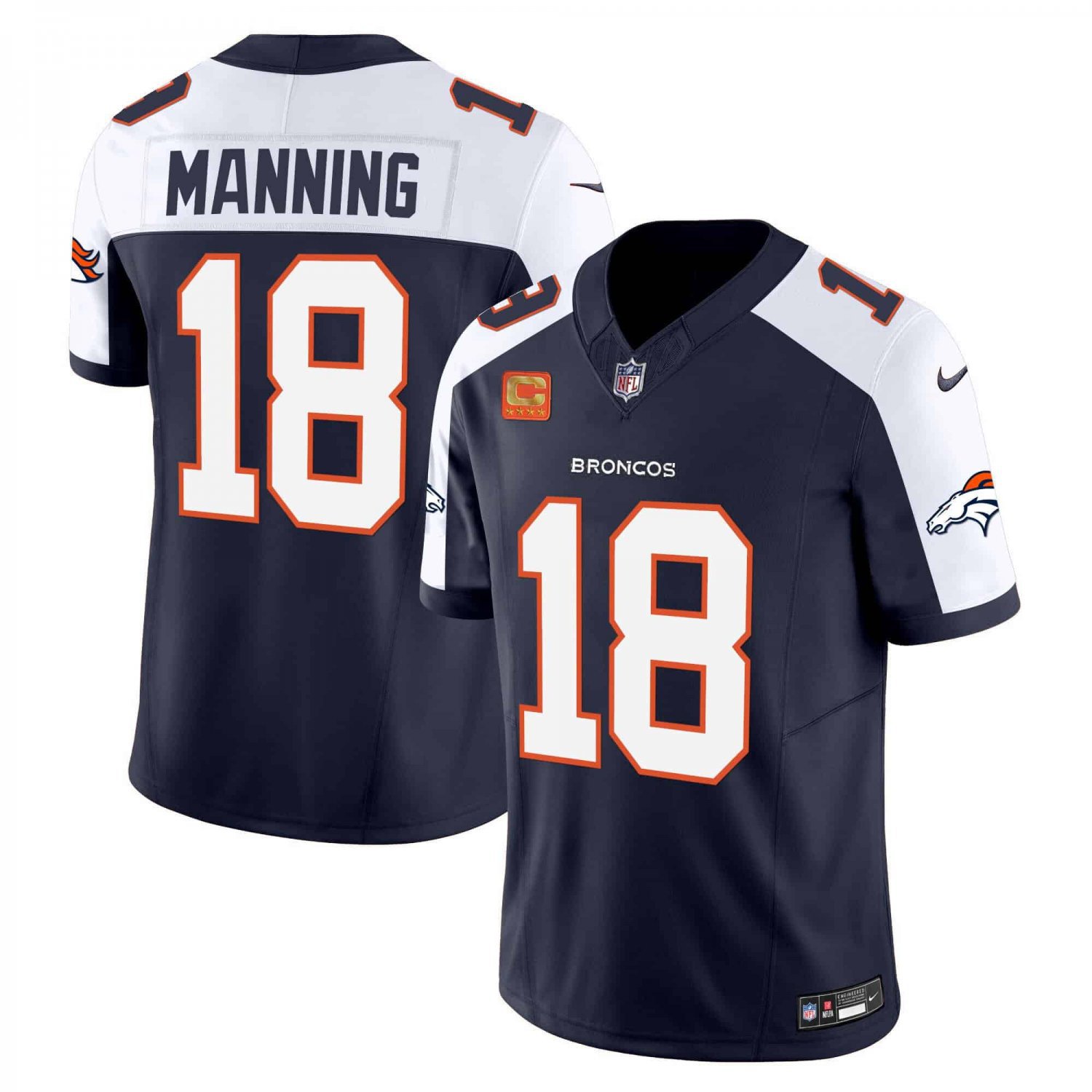 Men's Denver Broncos #18 Peyton Manning Navy 2024 F.U.S.E. With 4-Star C Patch Jersey