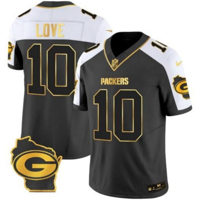 Men's Green Bay Packers #10 Jordan Love BlackWhite Gold 2024 F.U.S.E. Home Patch Vapor Jersey