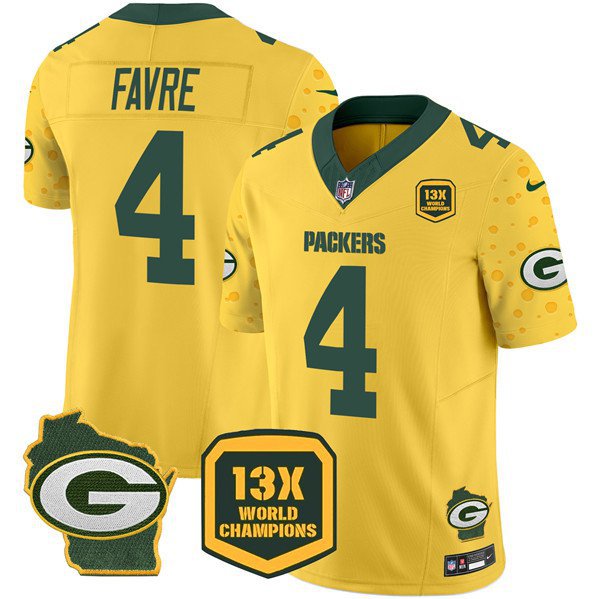 Men's Green Bay Packers Brett Favre Gold 2024 F.U.S.E. 13 Time World Champions Patch Jersey
