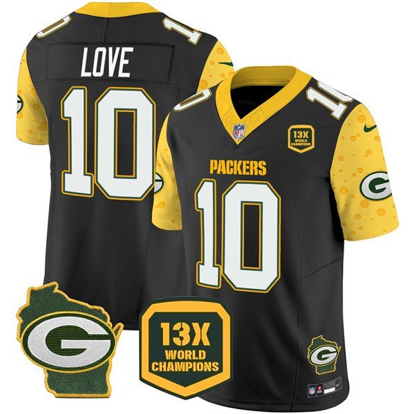 Men's Green Bay Packers Jordan Love Black 2024 F.U.S.E. 13 Time World Champions Patch Jersey