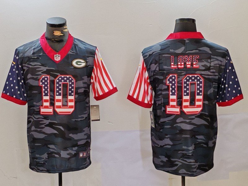 Men's Green Bay Packers Jordan Love Camo USA Flag Limited Stitched Jersey