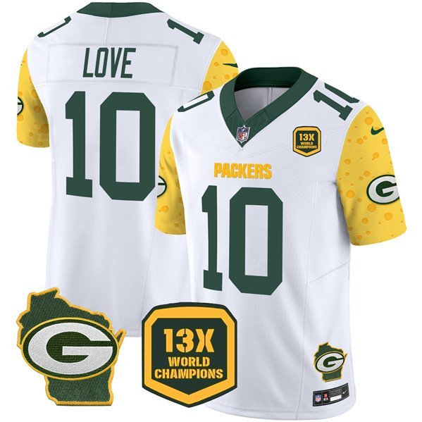 Men's Green Bay Packers Jordan Love White 2024 F.U.S.E. 13 Time World Champions Patch Jersey