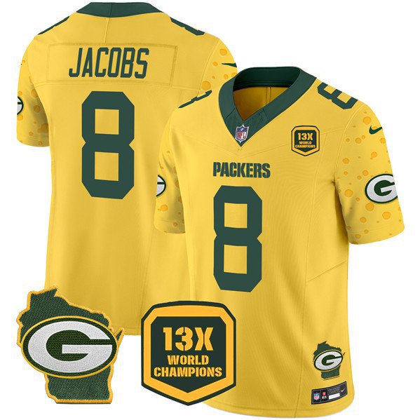 Men's Green Bay Packers Josh Jacobs Gold 2024 F.U.S.E. 13 Time World Champions Patch Jersey