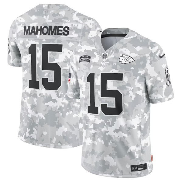 Men's Kansas City Chiefs #15 Patrick Mahomes Arctic Camo 2024 F.U.S.E. Salute to Service Jersey