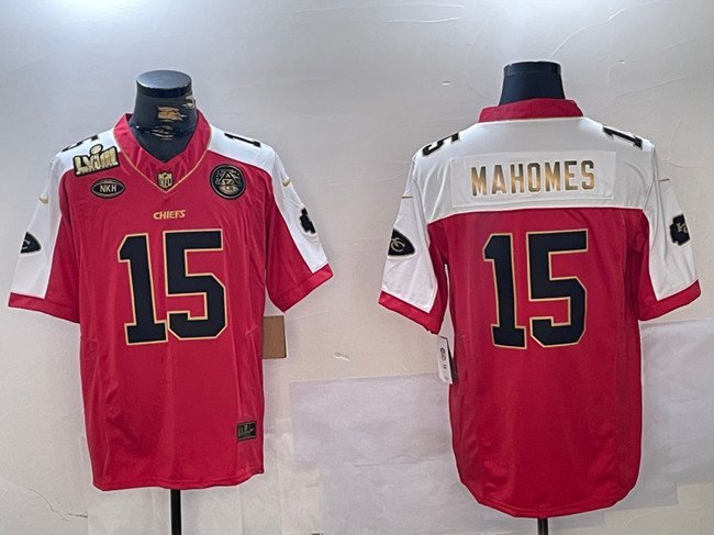 Men's Kansas City Chiefs #15 Patrick Mahomes Red With Gold Super Bowl LVIII Patch Limited Jersey