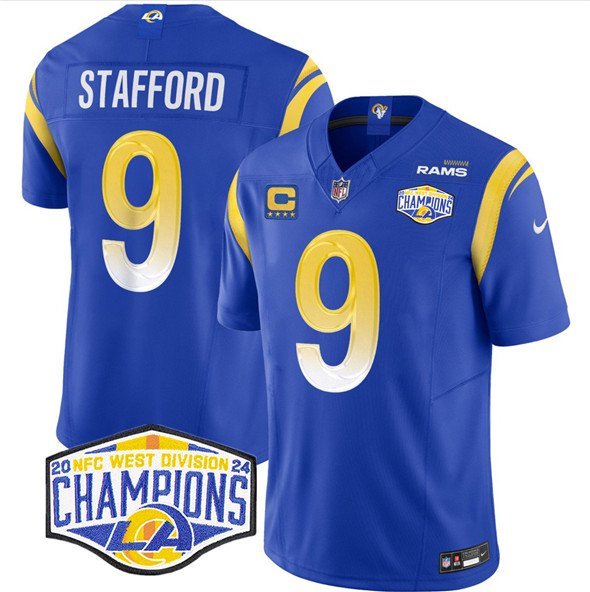 Men's Los Angeles Rams #9 Matthew Stafford Blue 2024 NFC West Champions With 4-Star C Jersey