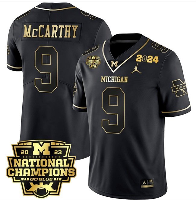Men's Michigan Wolverines #9 J.J. McCarthy Black Gold Edition 2024 CFP National Champions Jersey