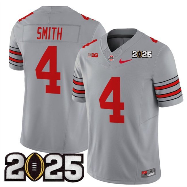 Men's Ohio State Buckeyes #4 Jeremiah Smith Grey 2025 CFP Final Patch Jersey