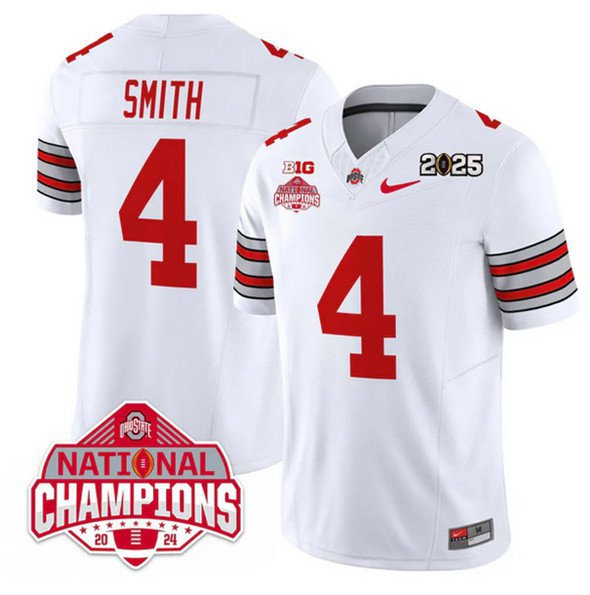 Men's Ohio State Buckeyes #4 Jeremiah Smith White 2025 CFP Final With National Champions Jersey