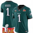 Men's Philadelphia Eagles #1 Jalen Hurts Green 2025 Super Bowl LIX With 3-Star C Patch Jersey