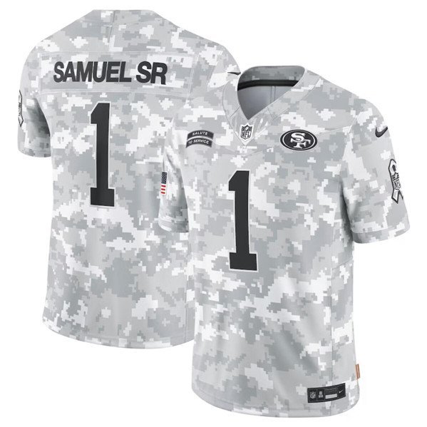 Men's San Francisco 49ers #1 Deebo Samuel SR Arctic Camo 2024 F.U.S.E. Salute to Service Jersey