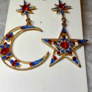 Gorgeous Vtg crescent moon/star earrings~gold trim~red~white~blue rhinestones