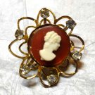 Estate sale find~old vintage abstract gold rhinestone~celluloid cameo Brooch