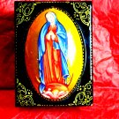 Vintage handcrafted Mother Mary of Guadalupe small jewelry box with pins~Russia