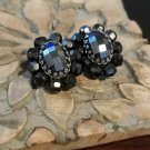 Vintage Black Faceted Bead Button Clip On Earrings