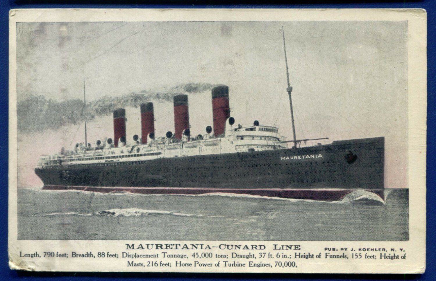 Cunard Line Mauretania Steamship Steamer Ocean Liner Postcard