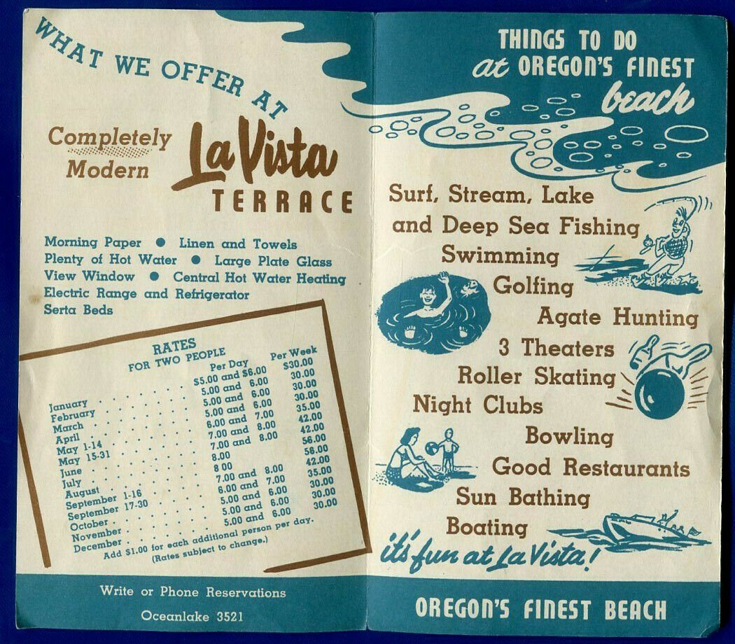 La Vista Terrace Beach Apartments Motel Oceanlake Beach Oregon Brochure