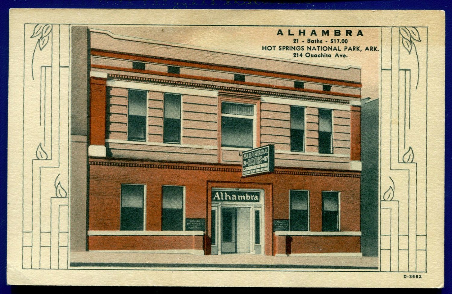 Alhambra Bath House Hot Springs National Park Arkansas ar old postcard