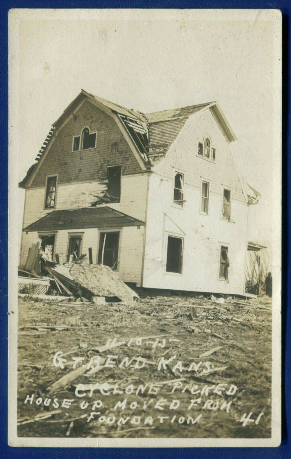 Great Bend Kansas Cyclone shows house moved from foundation photo postcard