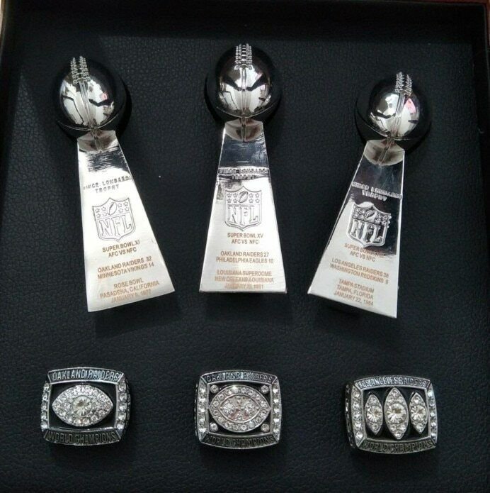 Set Of 3 Ring And 3 Trophies La Oakland Raiders Super Bowl Championship Ring 