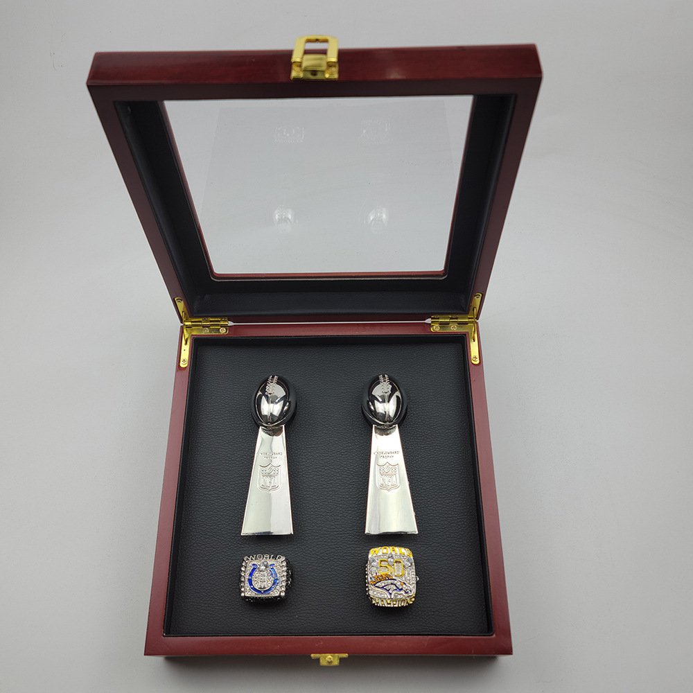 Manning Super Bowl MVP Colts/Denver Broncos Championship Rings + Engraved Trophies Gift Set