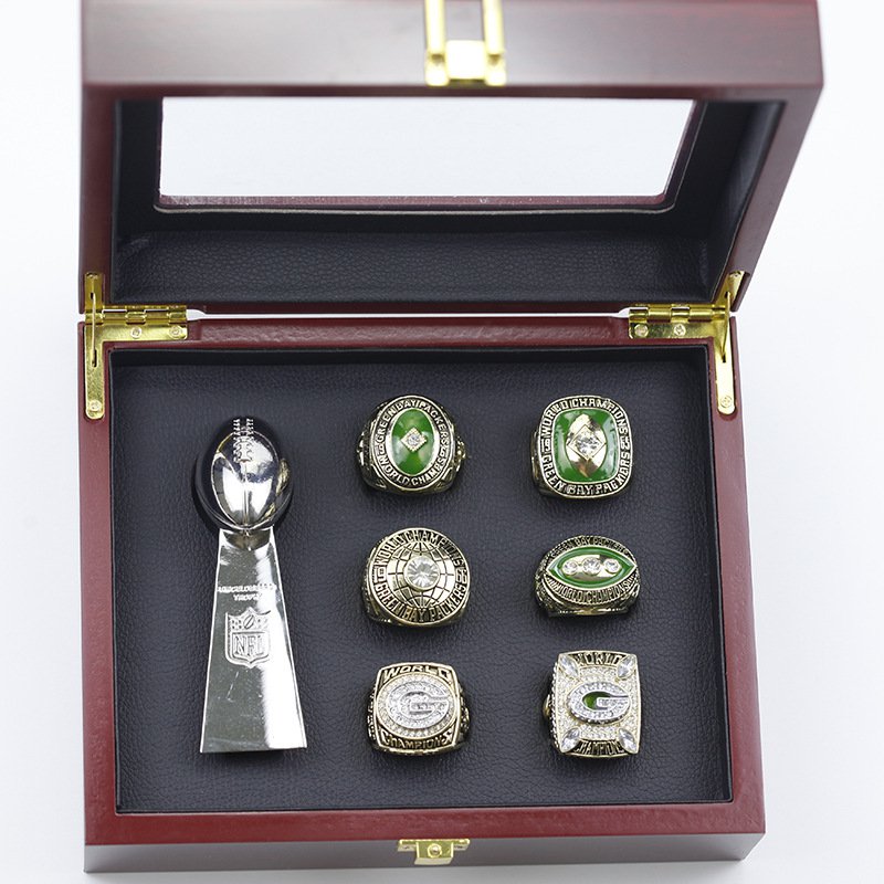 6 Pcs Green Bay Packers Championship Rings + 1 Trophy  Gift Set